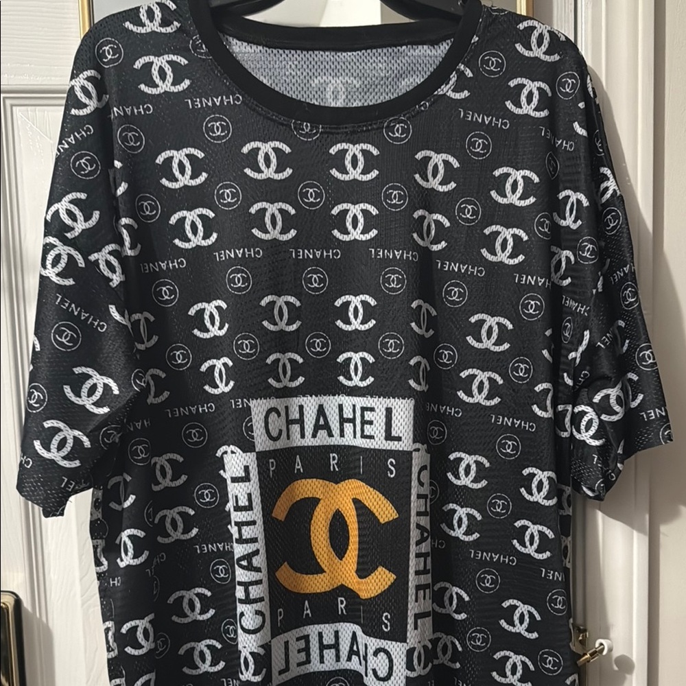 Black and White T-Shirt with Gold Logo